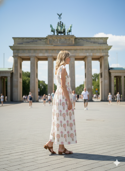 white knotty dress with big flower print in pink