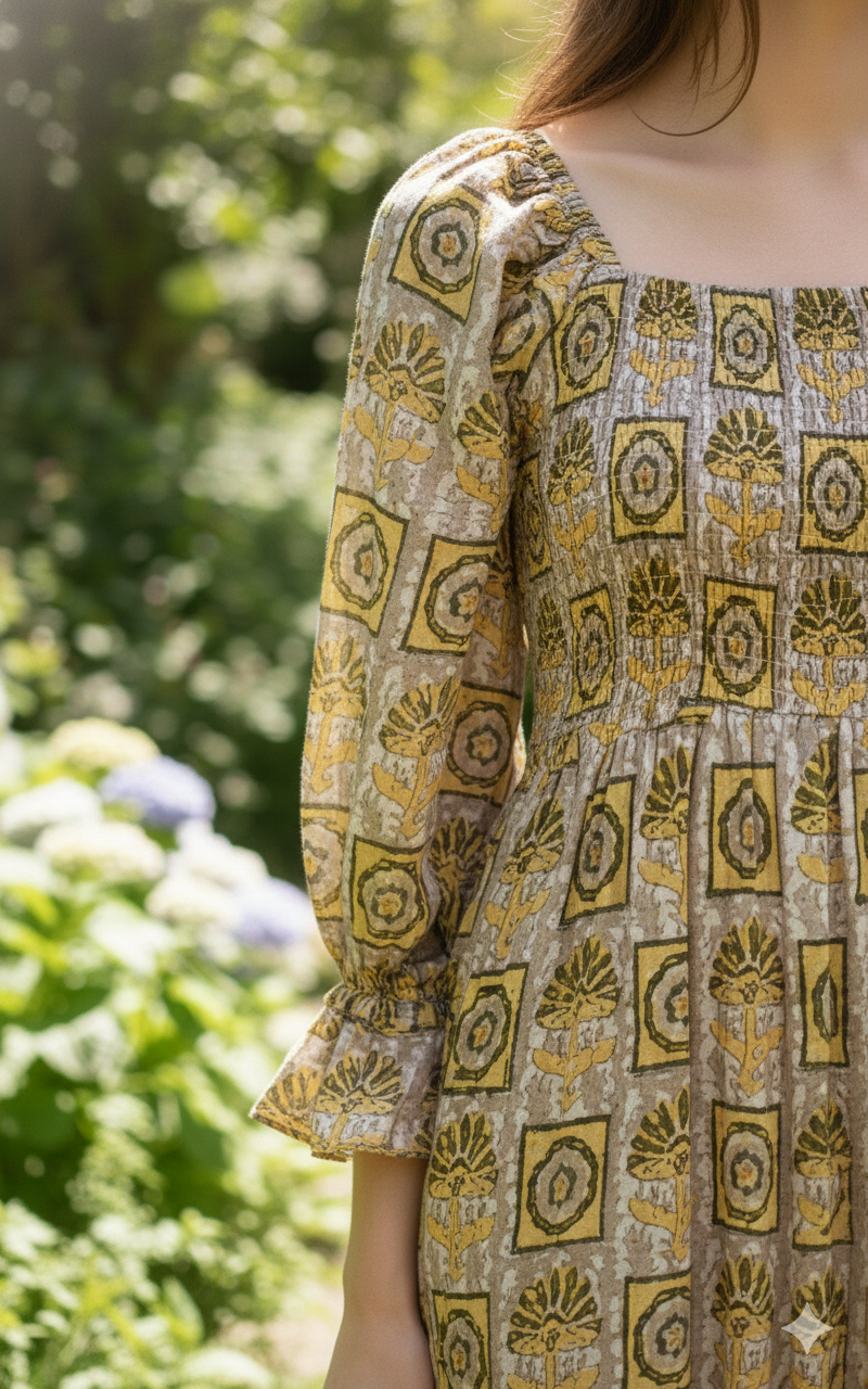 Olive Mustard Hand Block Printed Cotton Midi Dress – Smocked Bodice Puff Sleeve Boho Dress