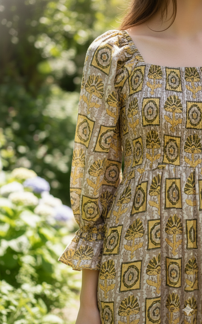 Olive Mustard Hand Block Printed Cotton Midi Dress – Smocked Bodice Puff Sleeve Boho Dress