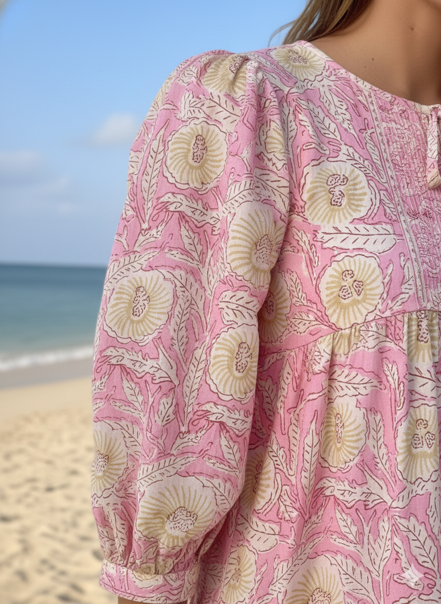 Blush Pink Floral Hand Block Printed Cotton Midi Dress – Boho Indian Dress