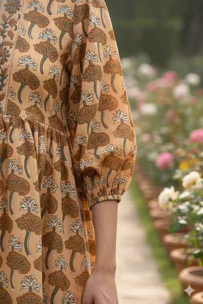 Mustard Brown Floral Hand Block Printed Cotton Mini Dress – Puff Sleeve Boho Summer Dress