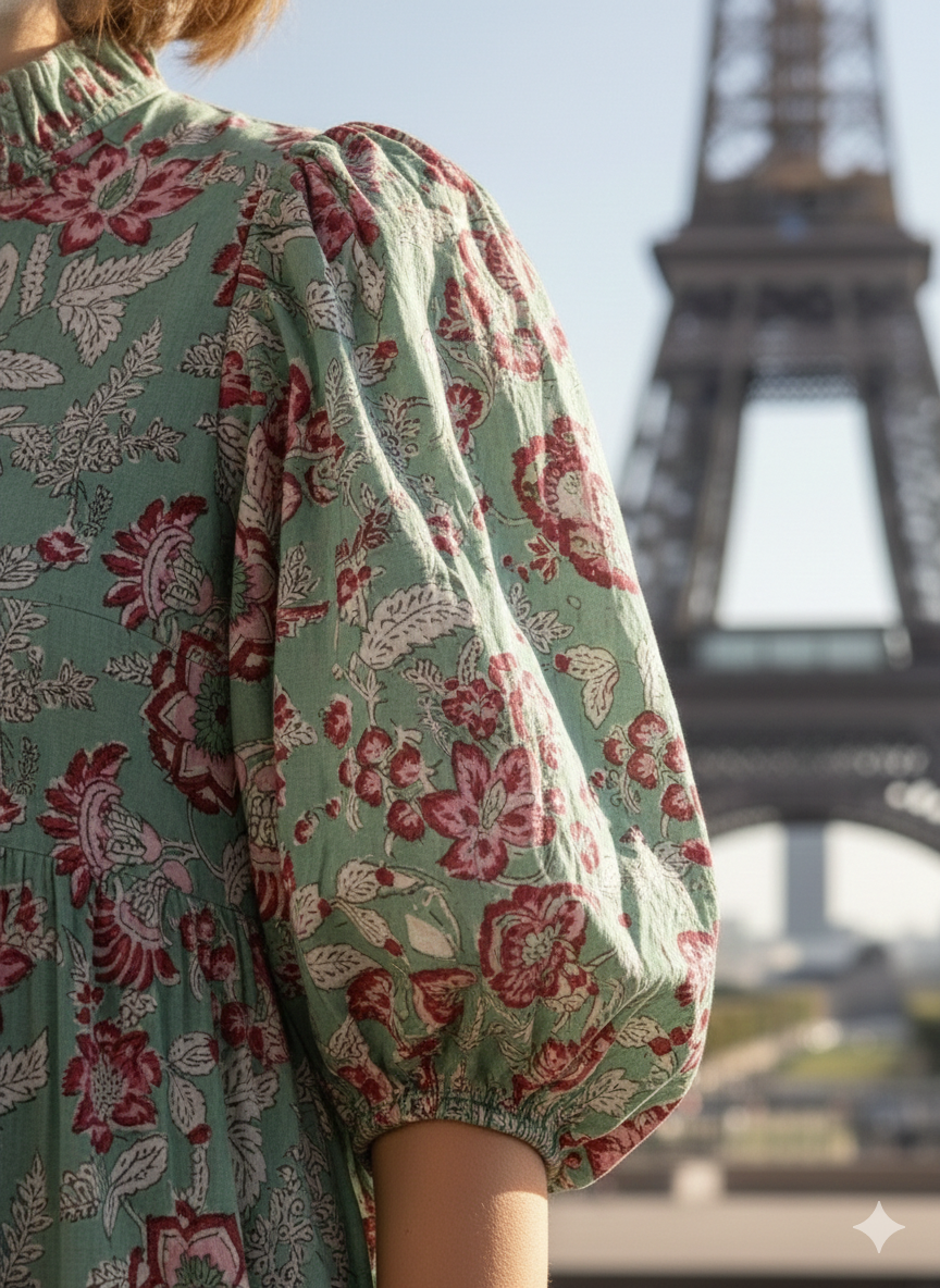 Sage Green Pink Floral Hand Block Printed Cotton Midi Dress – Boho Tiered Long Sleeve Indian Dress