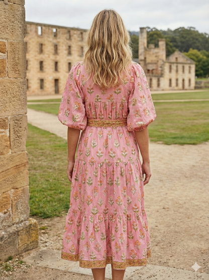 Pink Floral Hand Block Printed Cotton Dress – Tiered Boho Maxi Dress for Women