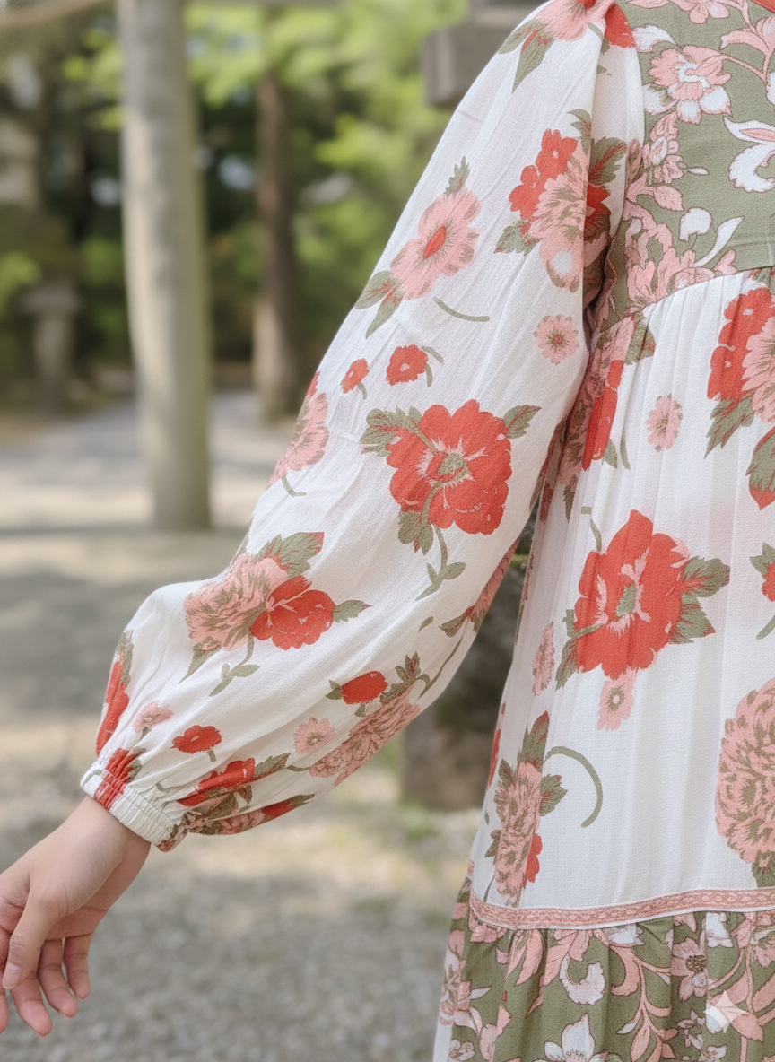 White Red Floral Screen Printed Cotton Mini Dress – Long Sleeve Boho Indian Dress