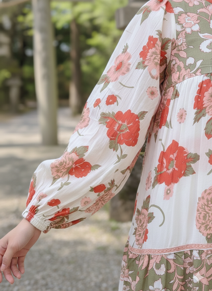 White Red Floral Screen Printed Cotton Mini Dress – Long Sleeve Boho Indian Dress