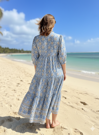 sky blue yellow floral geometrical hand block printed frill collared maxi dress - 3/4th button sleeves