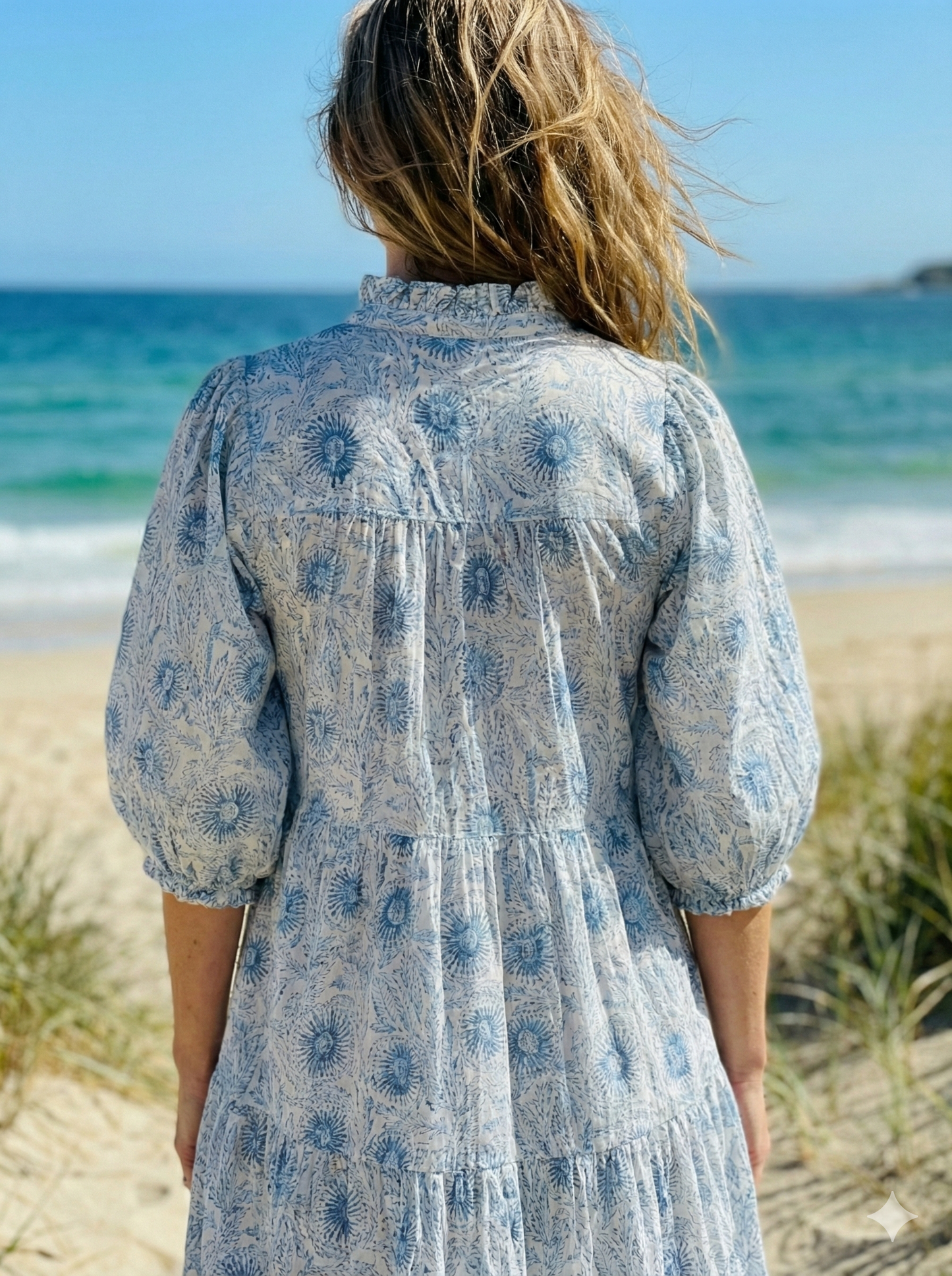 stylish blue-white floral printed women's maxi dress