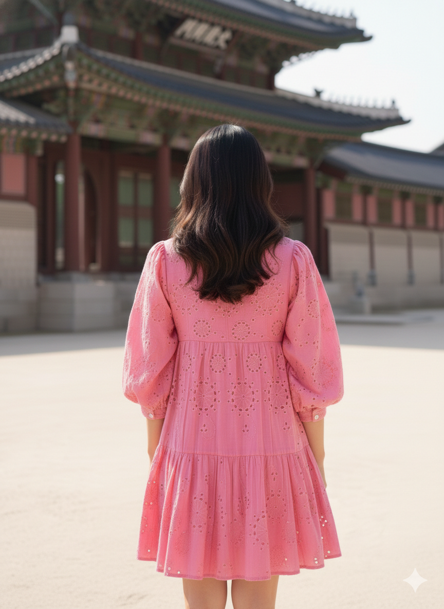 Pink Eyelet Cotton Maxi Dress – Tiered Boho Long Sleeve Summer Dress