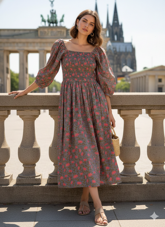 Grey Floral Hand Block Printed Cotton Midi Dress – Smocked Bodice Puff Sleeve Boho Dress