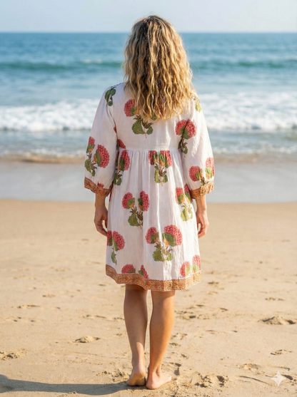 Floral Hand Block Printed Cotton Mini Dress – Puff Sleeve Boho Summer Dress