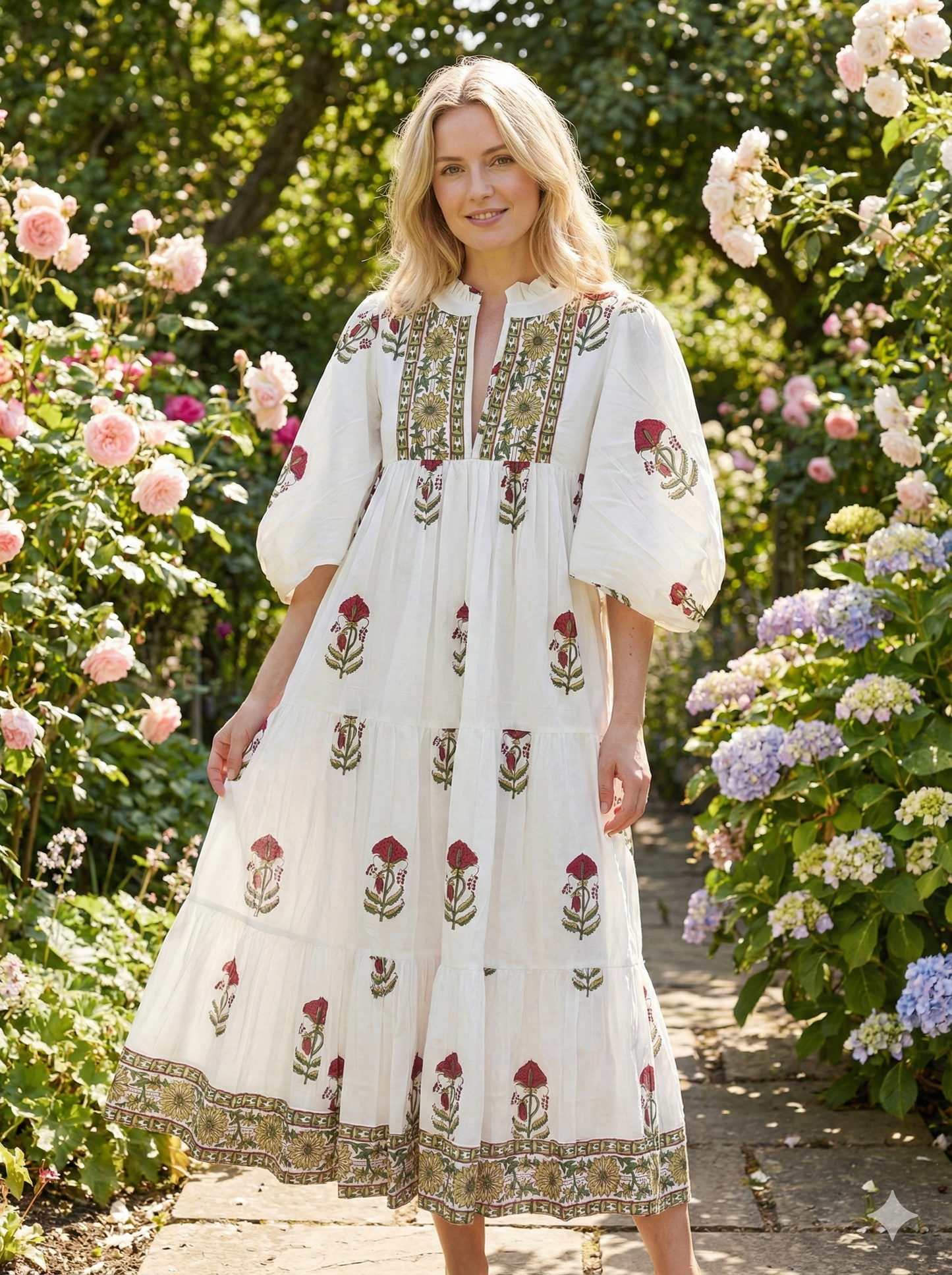 Ivory Floral Block Print Cotton Midi Dress – Boho Handmade Tiered Dress with Puff Sleeves & Contrast Yoke