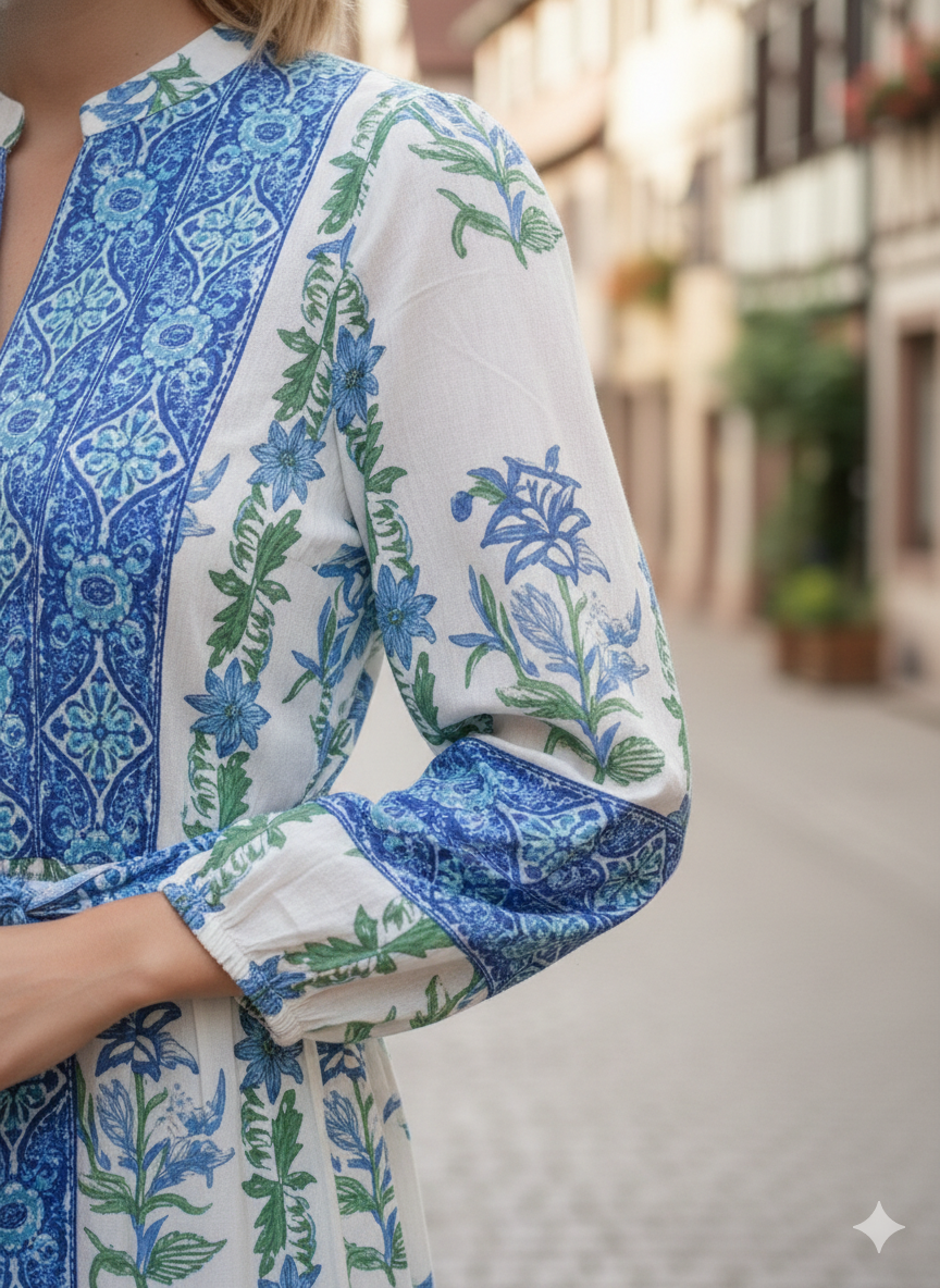 Blue Floral Hand Block Printed Cotton Maxi Dress – Boho Tiered Long Sleeve Dress