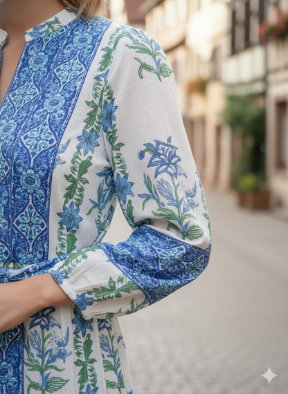 Blue Floral Hand Block Printed Cotton Maxi Dress – Boho Tiered Long Sleeve Dress