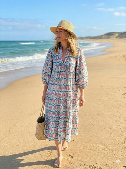 Teal Block Print Cotton Puff Sleeve Tiered Dress