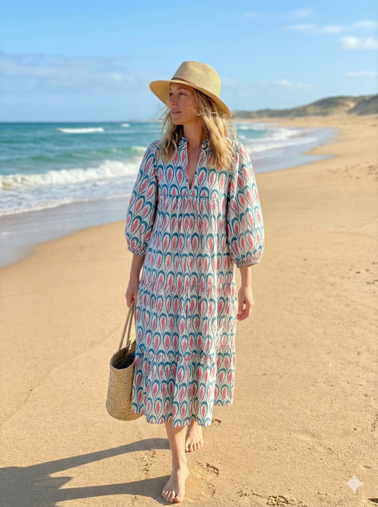 Teal Block Print Cotton Puff Sleeve Tiered Dress