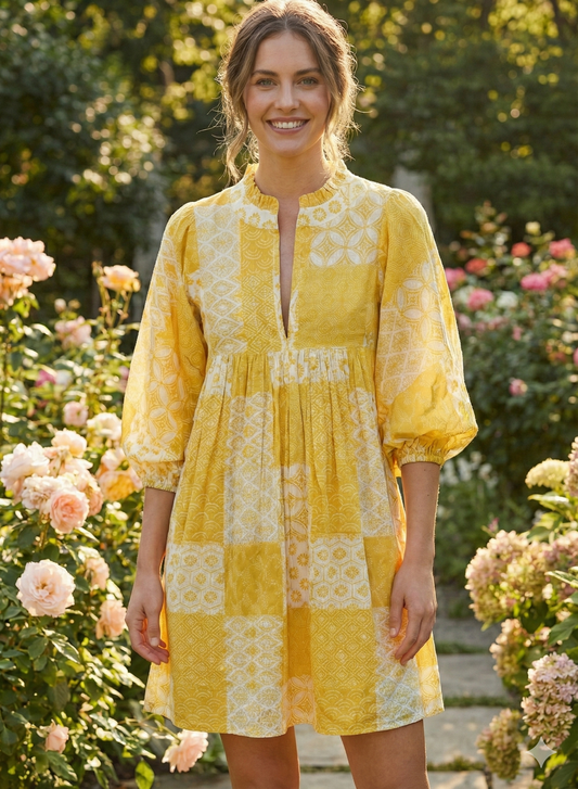 Yellow Floral Geometric Patchwork Screen Printed Cotton Dress – Puff Sleeve Boho Tiered Midi Dress