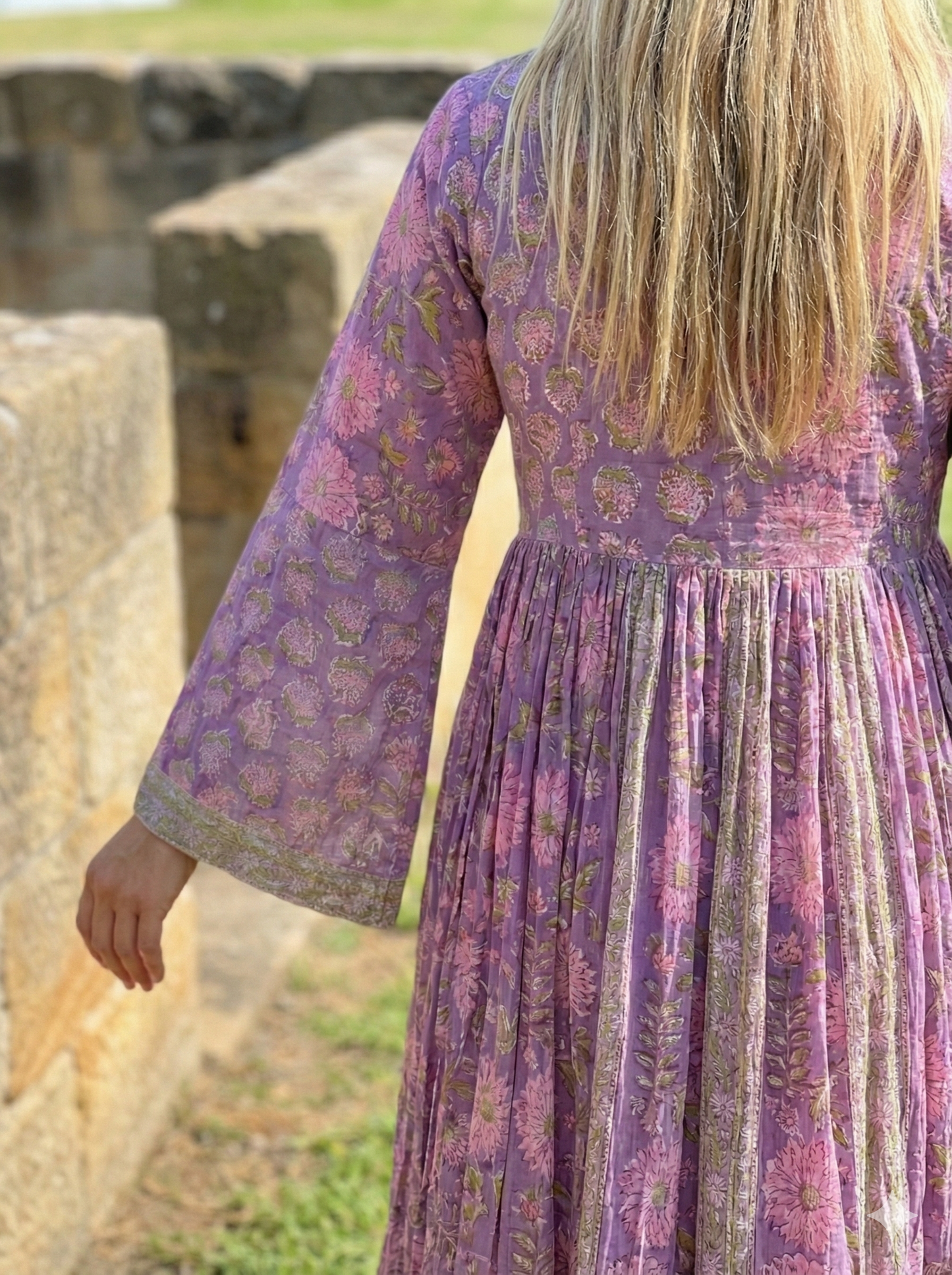 Indian Purple Floral Block Print Cotton Maxi Dress – Boho Long Dress