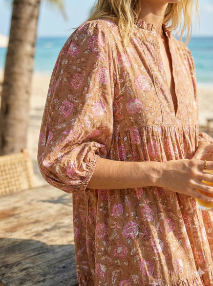 Brown Pink Floral Hand Block Printed Cotton Maxi Dress – Indian Boho Tiered Long Dress
