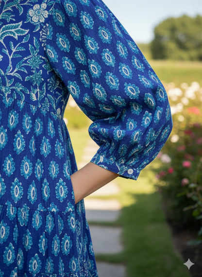 Royal Blue Floral Hand Block Print Cotton Short Dress – Boho Puff Sleeve Mini dress