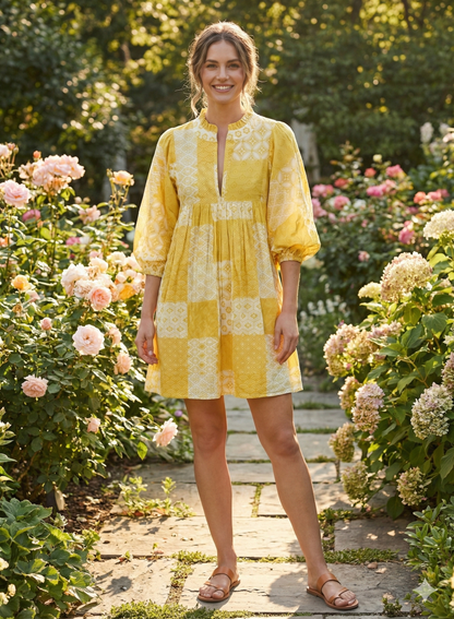 Yellow Floral Geometric Patchwork Screen Printed Cotton Dress – Puff Sleeve Boho Tiered Midi Dress