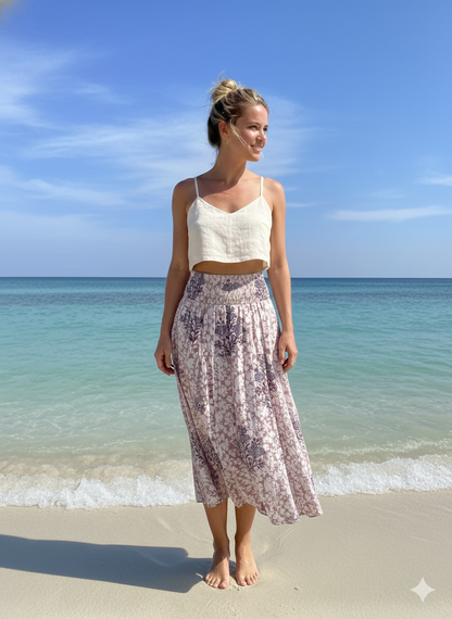 Lilac White Floral Block Print Cotton Smocked Dress – Handcrafted Boho Midi Sundress