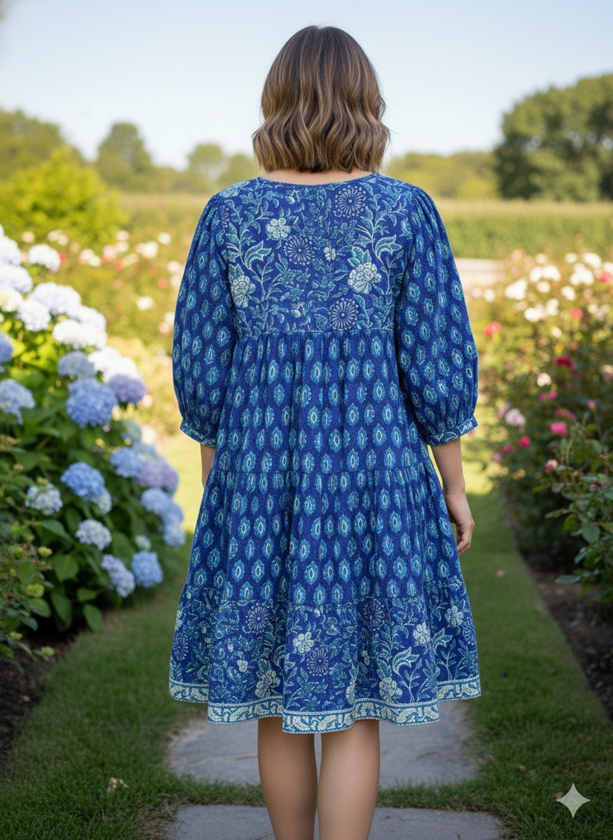 Royal Blue Floral Hand Block Print Cotton Short Dress – Boho Puff Sleeve Mini dress