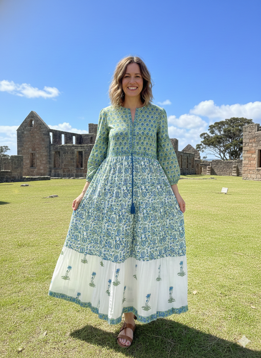 Green Blue Floral Hand Block Printed Cotton Maxi Dress – Boho Indian Long Dress