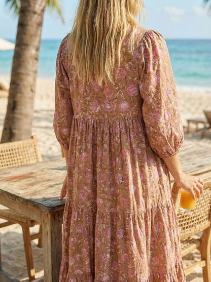 Brown Pink Floral Hand Block Printed Cotton Maxi Dress – Indian Boho Tiered Long Dress