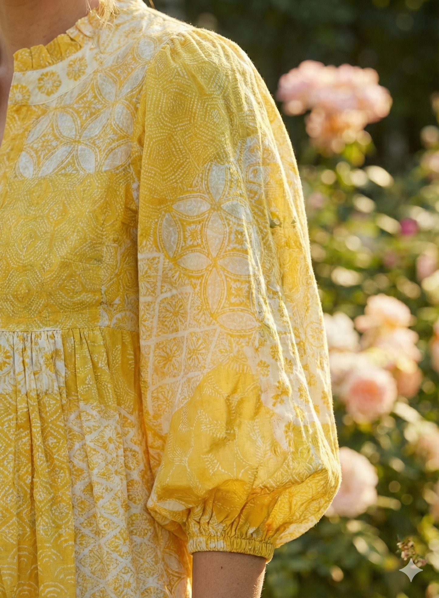 Yellow Floral Geometric Patchwork Screen Printed Cotton Dress – Puff Sleeve Boho Tiered Midi Dress
