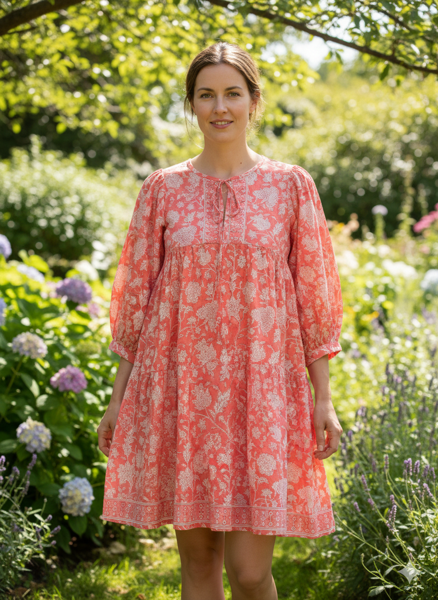 Coral Pink Floral Hand Block Printed Cotton Mini Dress – Puff Sleeve Boho Indian Dress