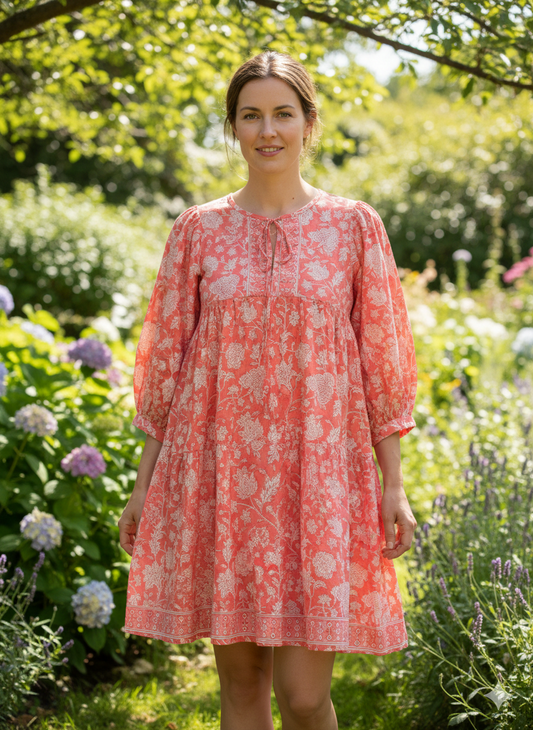 Coral Pink Floral Hand Block Printed Cotton Mini Dress – Puff Sleeve Boho Indian Dress