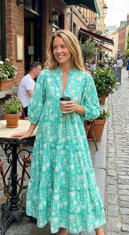 Mint Green Floral Hand Block Printed Cotton Maxi Dress – Indian Boho Tiered Long Dress