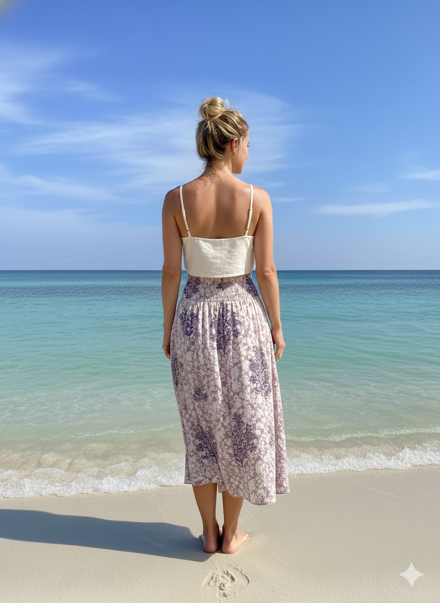 Lilac White Floral Block Print Cotton Smocked Dress – Handcrafted Boho Midi Sundress