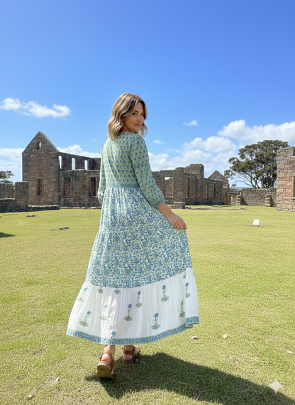 Green Blue Floral Hand Block Printed Cotton Maxi Dress – Boho Indian Long Dress