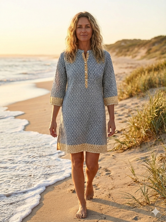 Indigo Geometric Hand Block Printed Cotton Kurta – Women’s Indian Tunic Dress