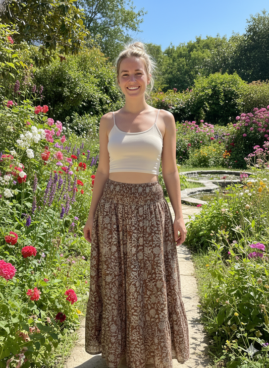 Brown White Floral Block Print Cotton Smocked Dress – Handcrafted Boho Midi Sundress – Free Shipping