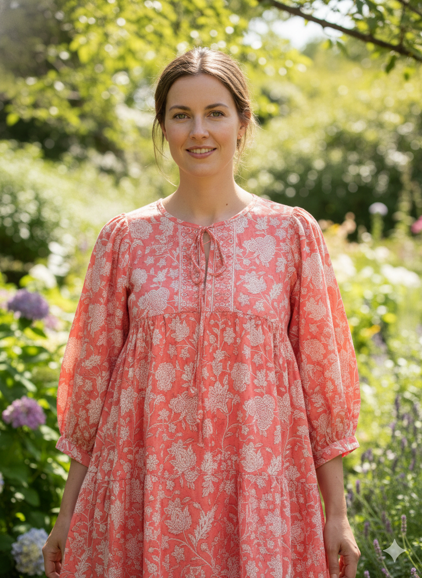 Coral Pink Floral Hand Block Printed Cotton Mini Dress – Puff Sleeve Boho Indian Dress
