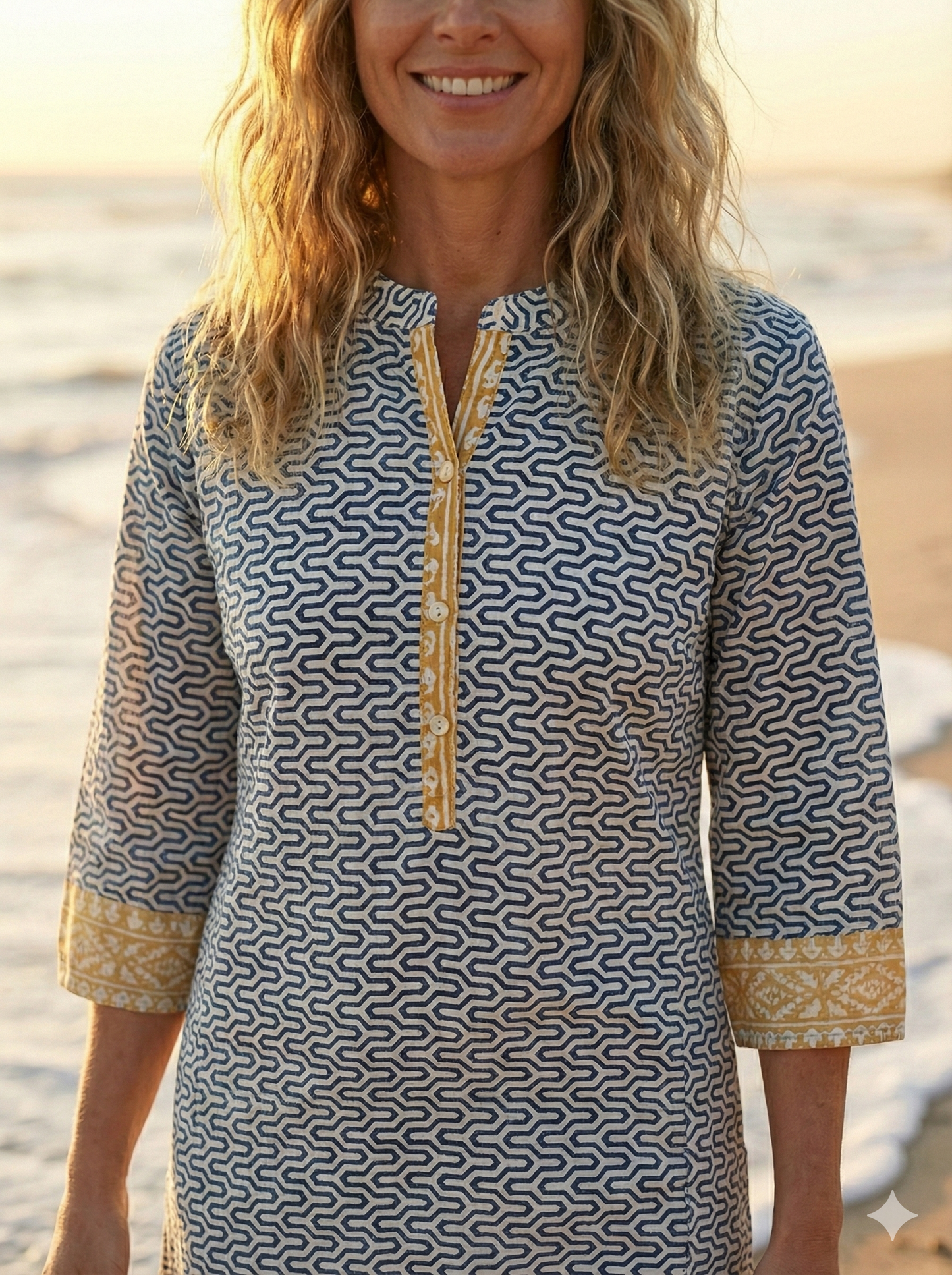 Indigo Geometric Hand Block Printed Cotton Kurta – Women’s Indian Tunic Dress