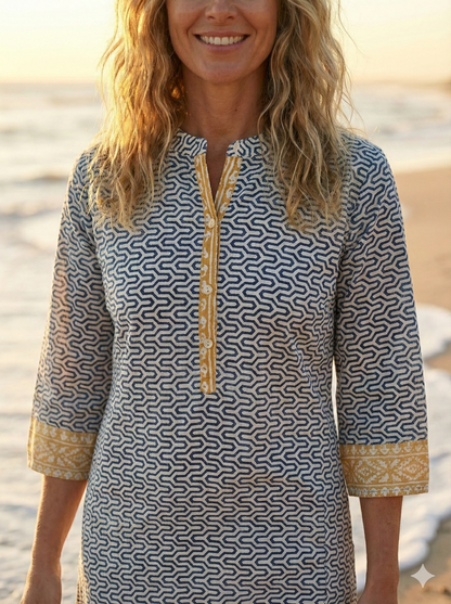 Indigo Geometric Hand Block Printed Cotton Kurta – Women’s Indian Tunic Dress