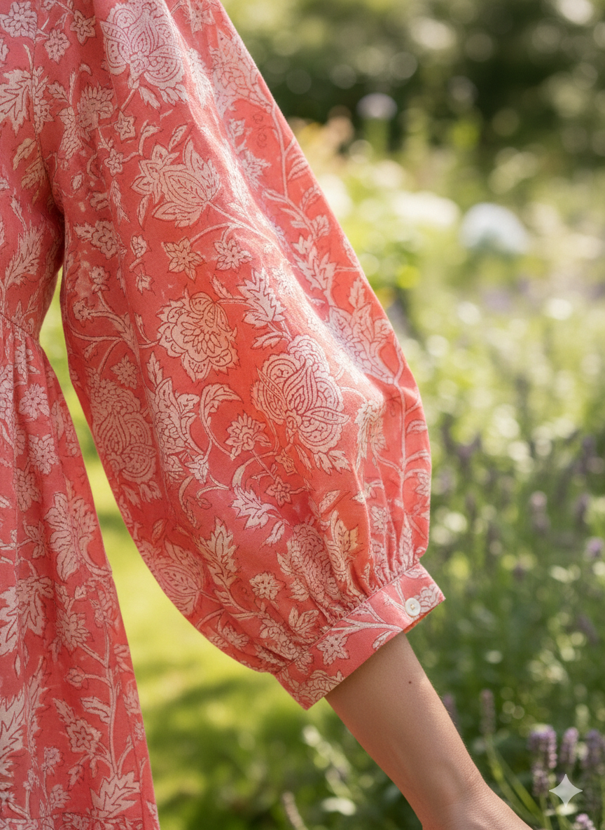 Coral Pink Floral Hand Block Printed Cotton Mini Dress – Puff Sleeve Boho Indian Dress