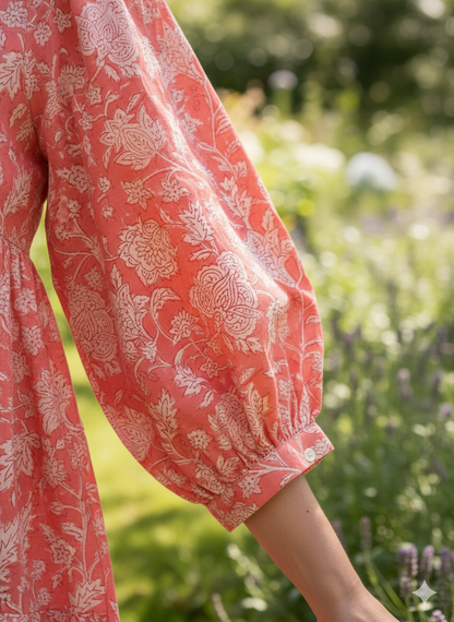 Coral Pink Floral Hand Block Printed Cotton Mini Dress – Puff Sleeve Boho Indian Dress