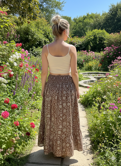 Brown White Floral Block Print Cotton Smocked Dress – Handcrafted Boho Midi Sundress – Free Shipping