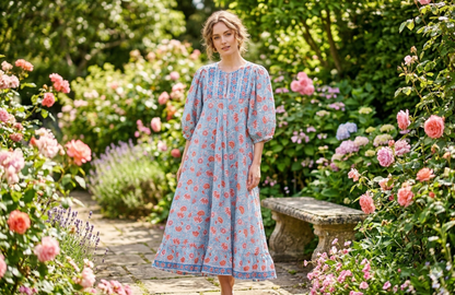 Blue Coral Floral Hand Block Print Cotton Maxi Dress – Boho Tiered Puff Sleeve Dress