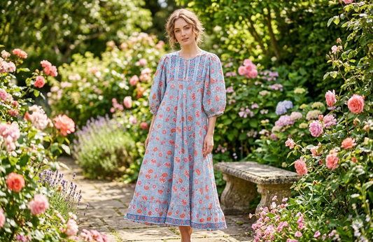 Blue Coral Floral Hand Block Print Cotton Maxi Dress – Boho Tiered Puff Sleeve Dress