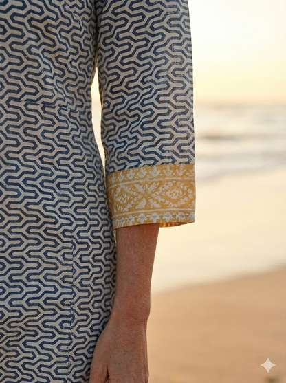 Indigo Geometric Hand Block Printed Cotton Kurta – Women’s Indian Tunic Dress