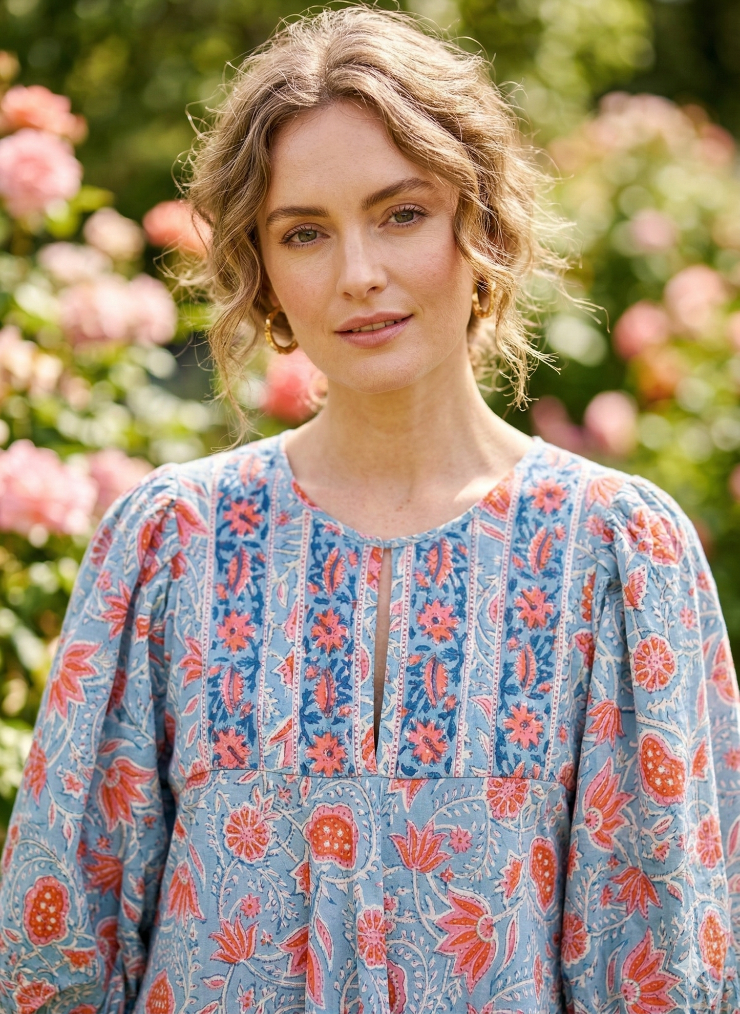 Blue Coral Floral Hand Block Print Cotton Maxi Dress – Boho Tiered Puff Sleeve Dress
