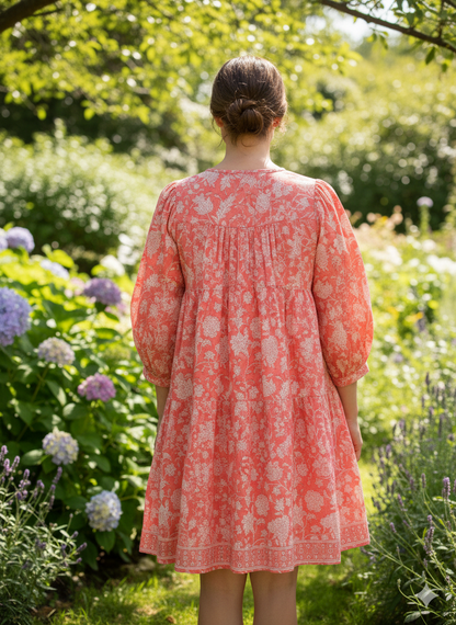 Coral Pink Floral Hand Block Printed Cotton Mini Dress – Puff Sleeve Boho Indian Dress