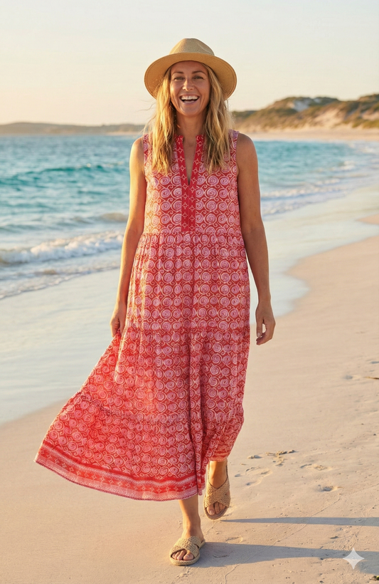 Red Printed Cotton Tiered Midi Dress – Sleeveless Boho Summer Dress