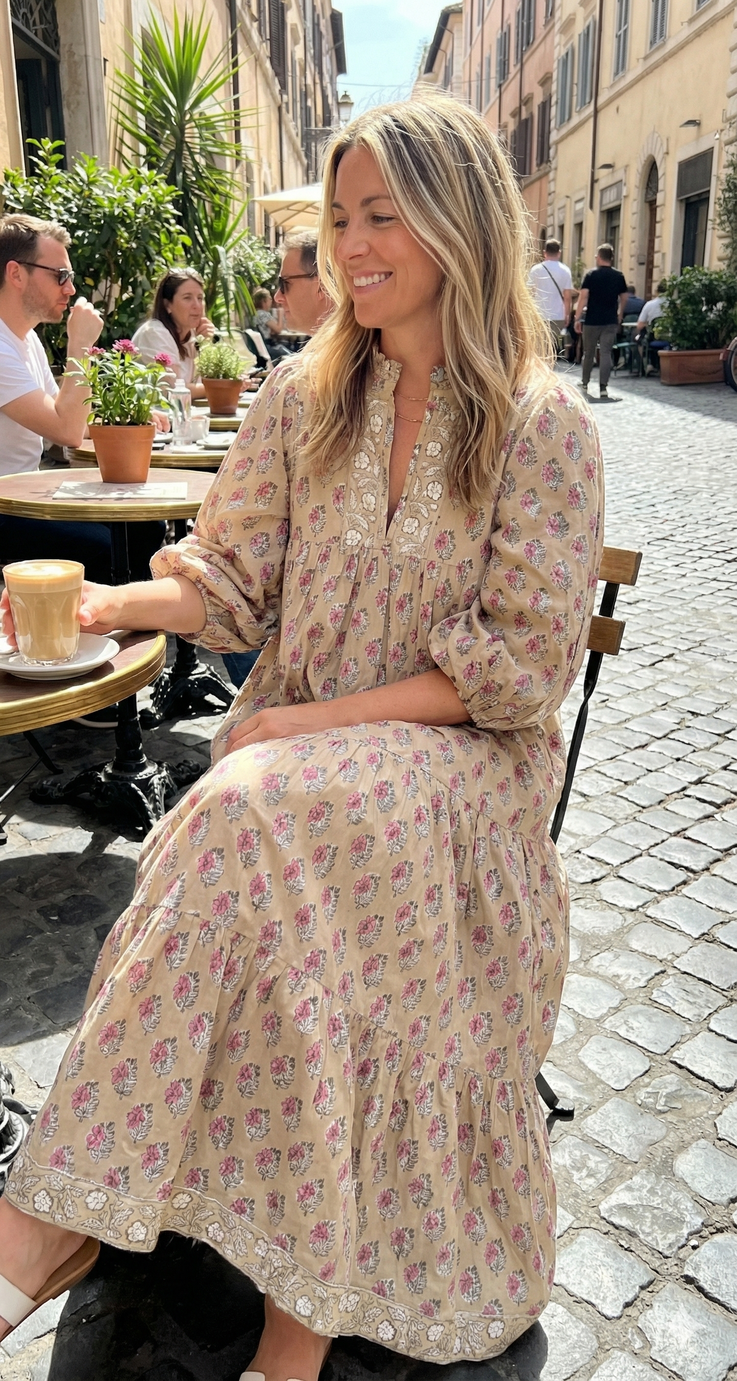 Sand Beige Pink Block Print Cotton Maxi Dress – Puff Sleeve Boho Tiered Dress