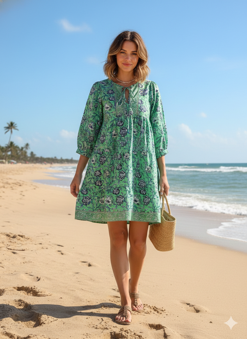 Mint Green Floral Hand Block Printed Cotton Mini Dress – Puff Sleeve Boho Indian Dress